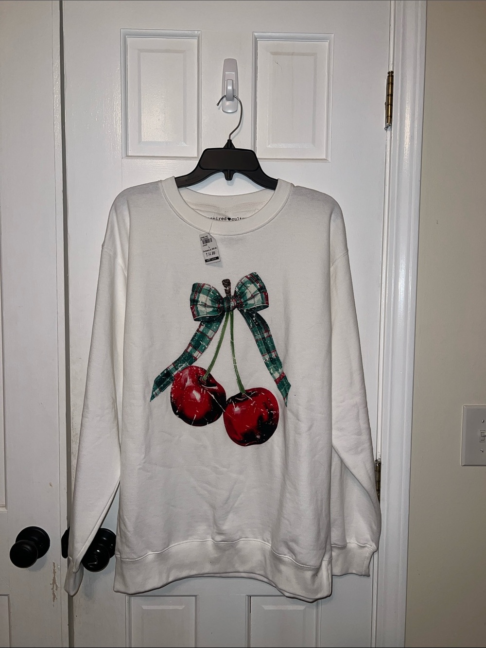 Reserved White Sweatshirt with Red Cherry and Green Plaid Bow